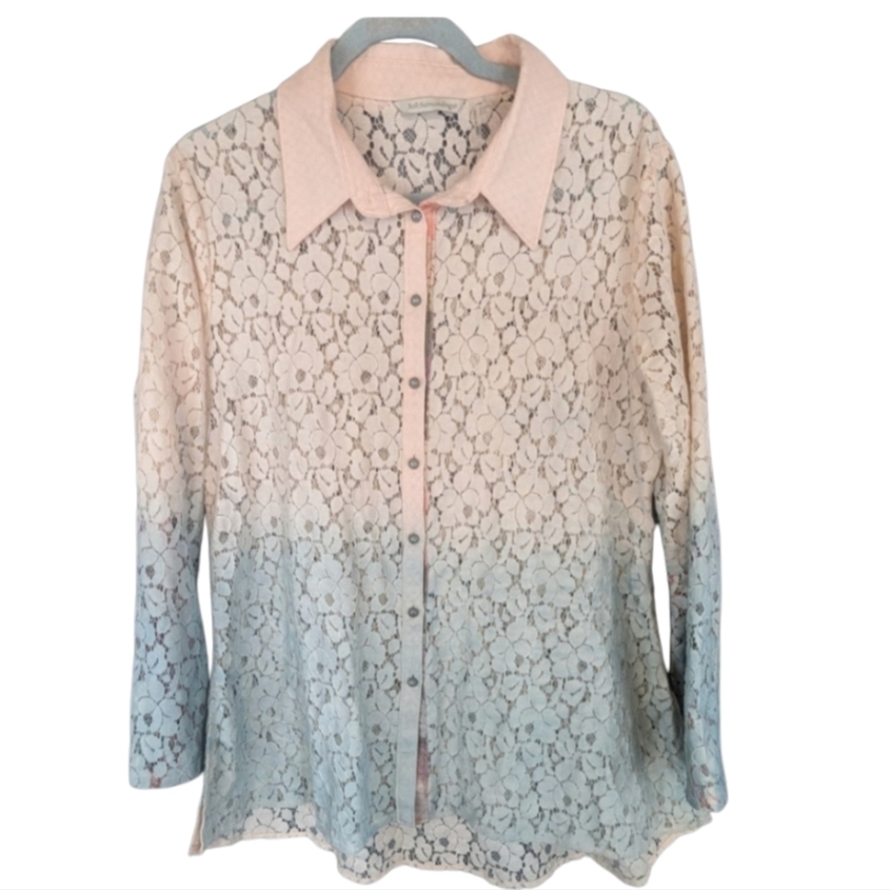 Soft Surroundings Ombre Size Petite Medium Lace Button Down Shirt